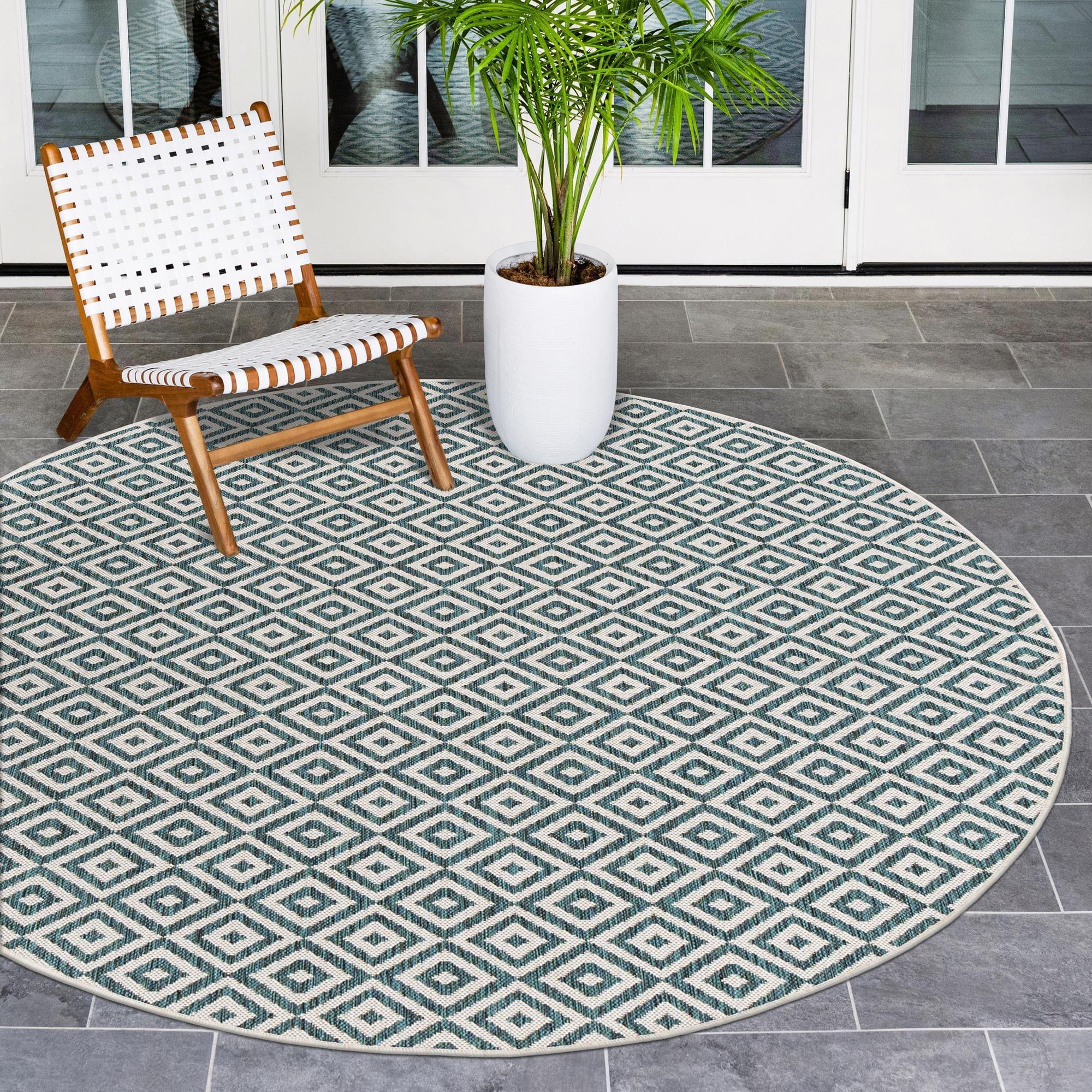 Teal Geometric Flat Woven Round Outdoor Rug, 4' Diameter