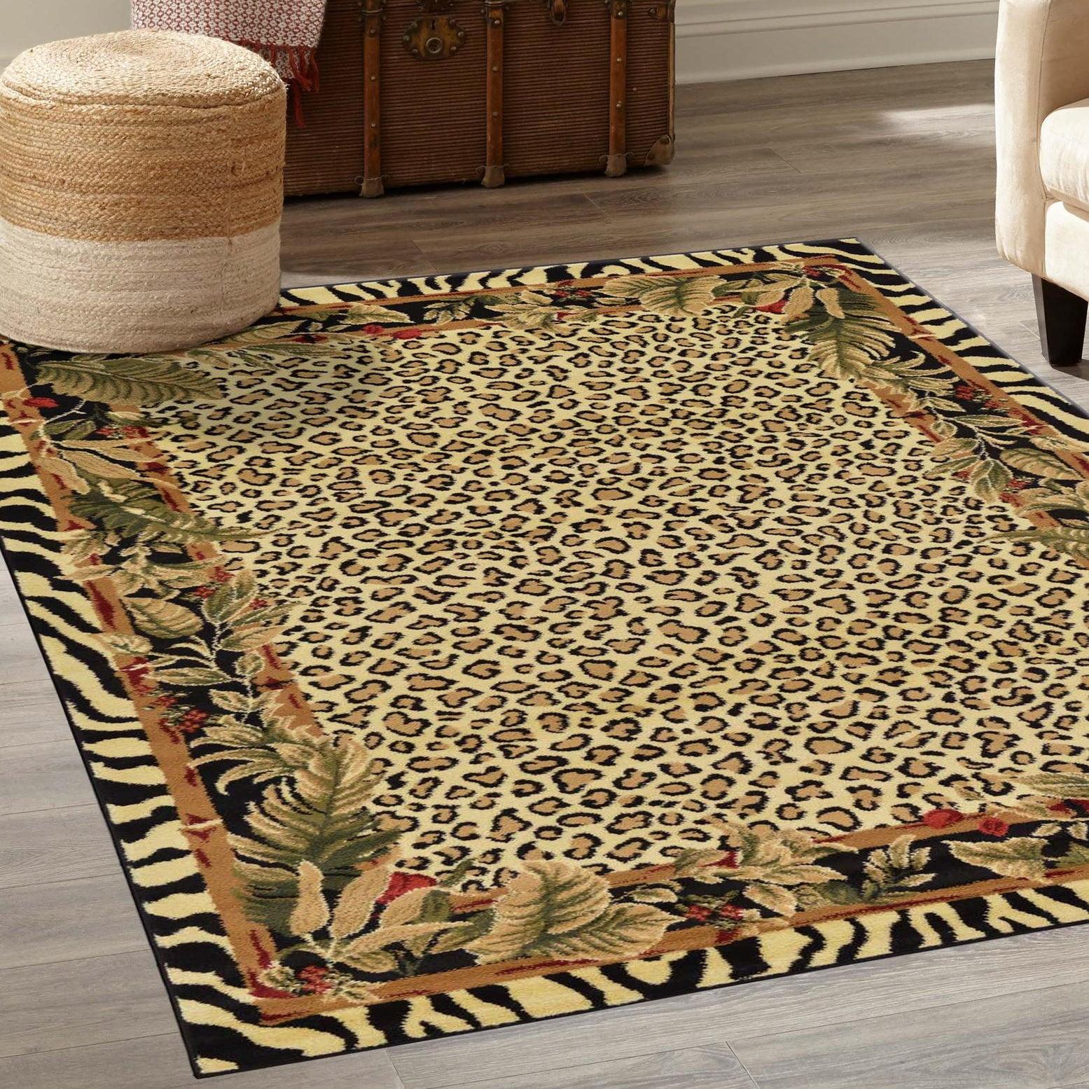 Ivory and Black 6' x 9' Synthetic Floral Safari Rug