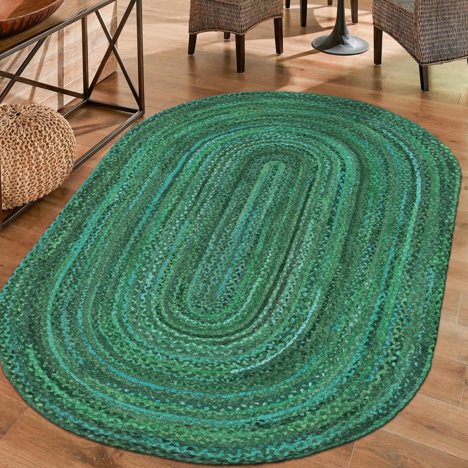 Handmade Green Braided Oval Cotton Area Rug 8' x 10'