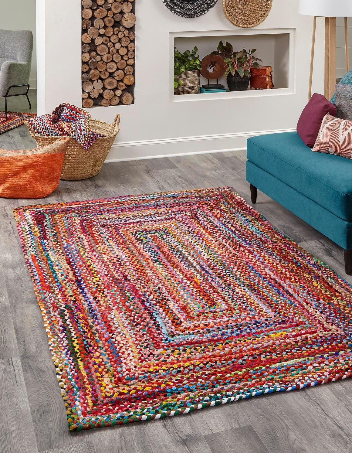 Handmade Blue and Multicolor Braided Cotton 10' x 14' Area Rug