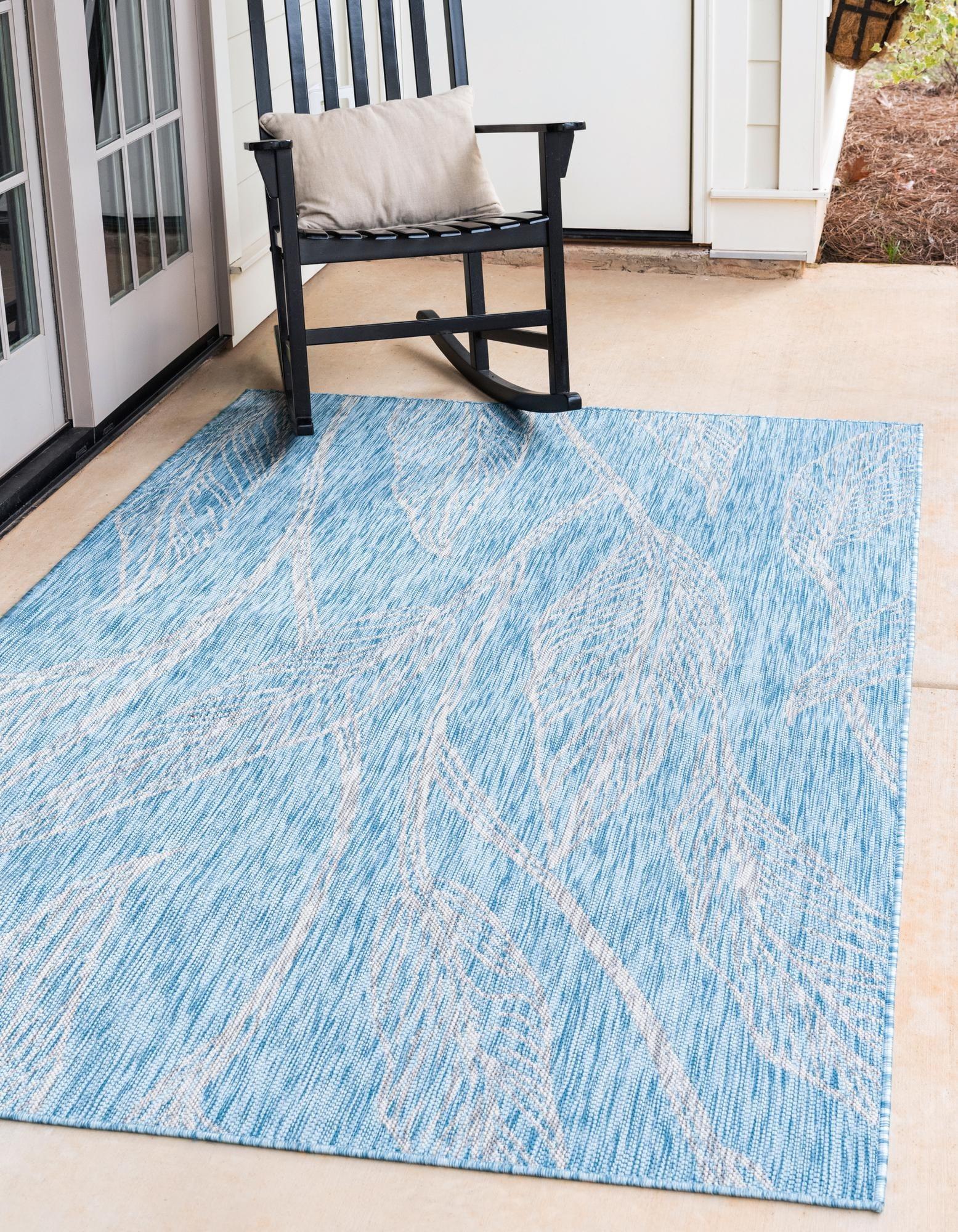 Light Aqua Botanical Outdoor Rectangular Synthetic Rug