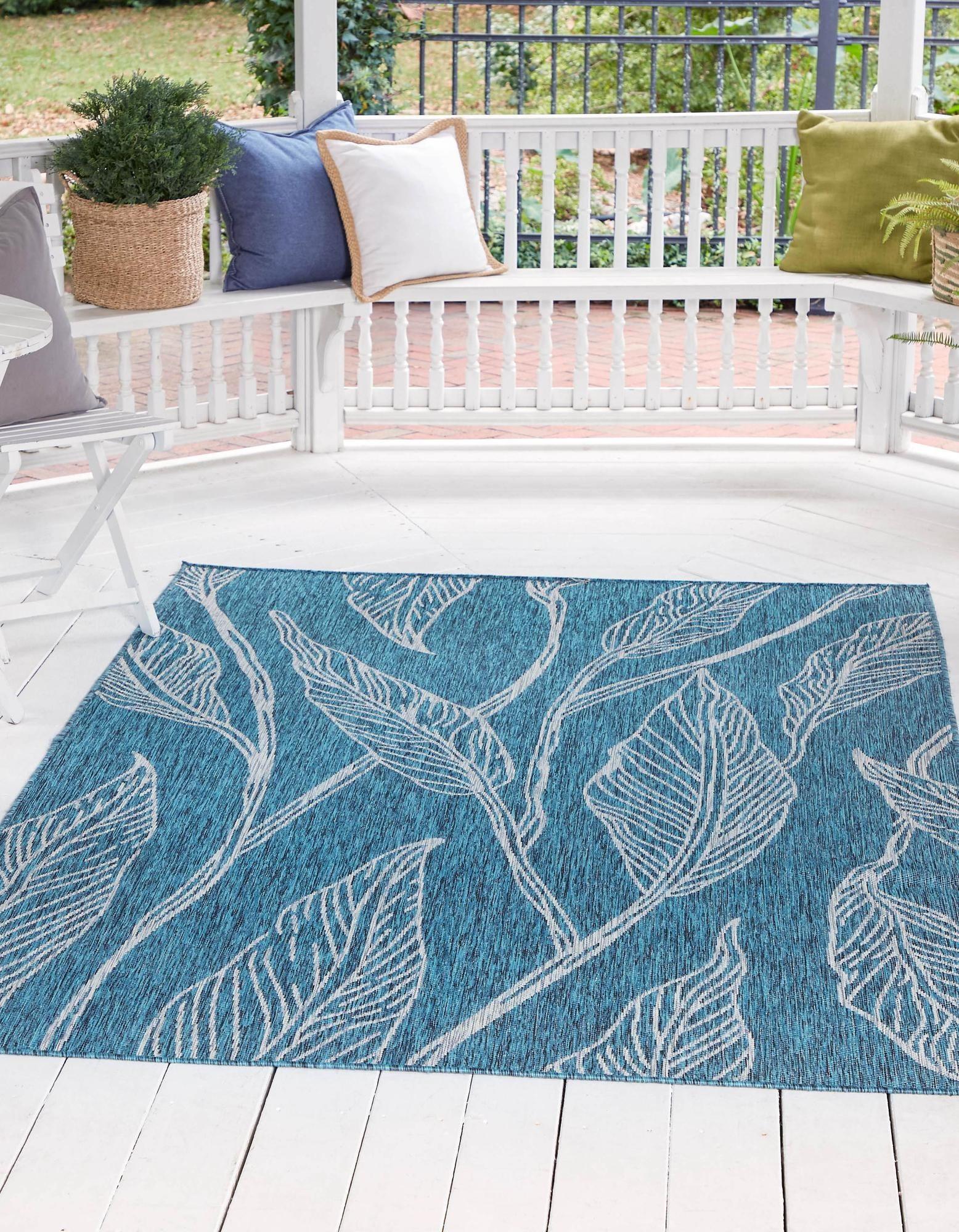 Teal and Ivory Botanical Outdoor Rectangular Rug 4' x 6'