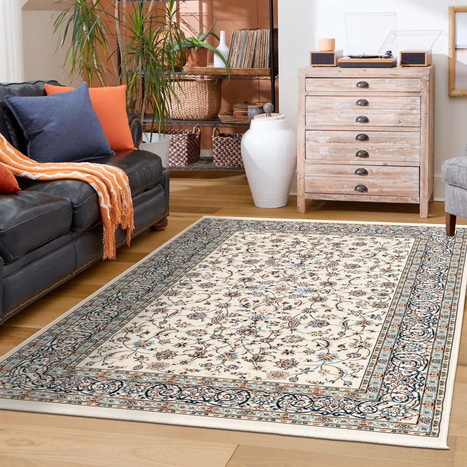 Ivory Floral Synthetic Stain-Resistant Rectangular Area Rug