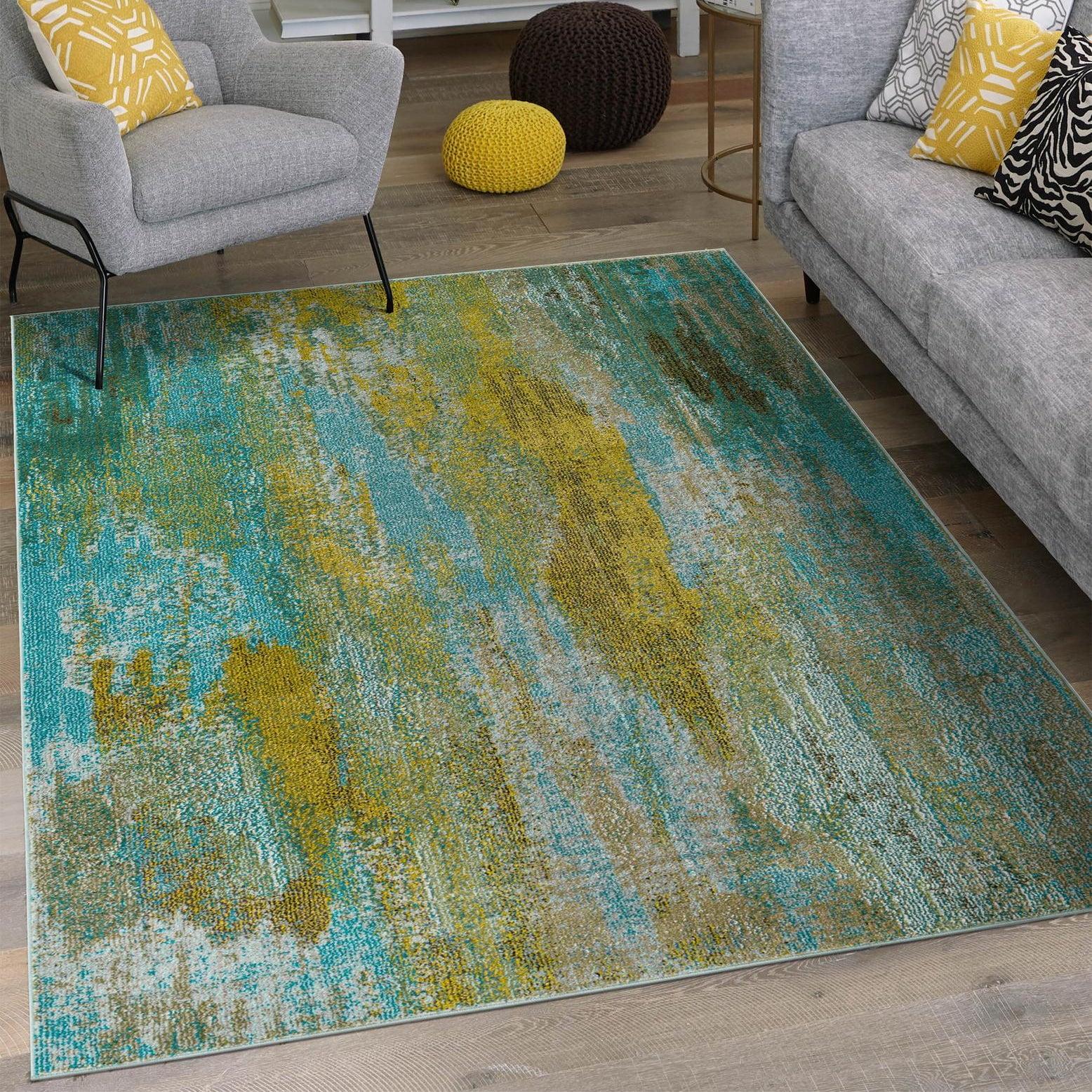 Turquoise and Yellow Abstract Stain-Resistant Indoor Rug