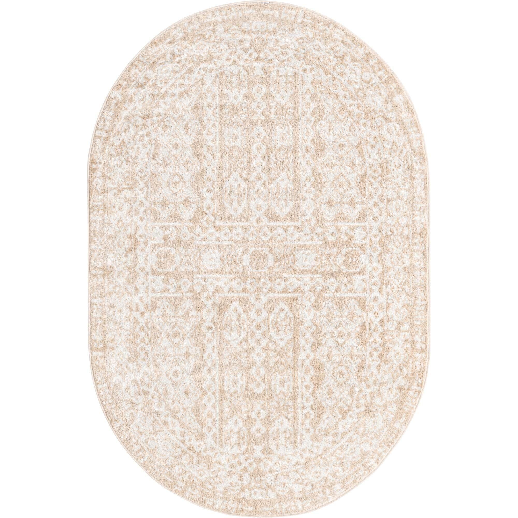 Beige/Ivory Oval Floral Synthetic 4' x 6' Easy-Care Rug