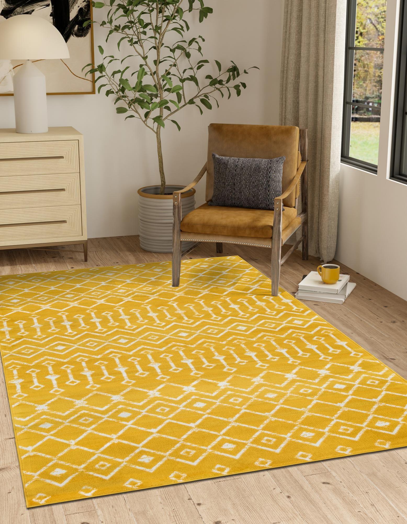 Yellow Geometric Trellis Easy Care Synthetic Rug