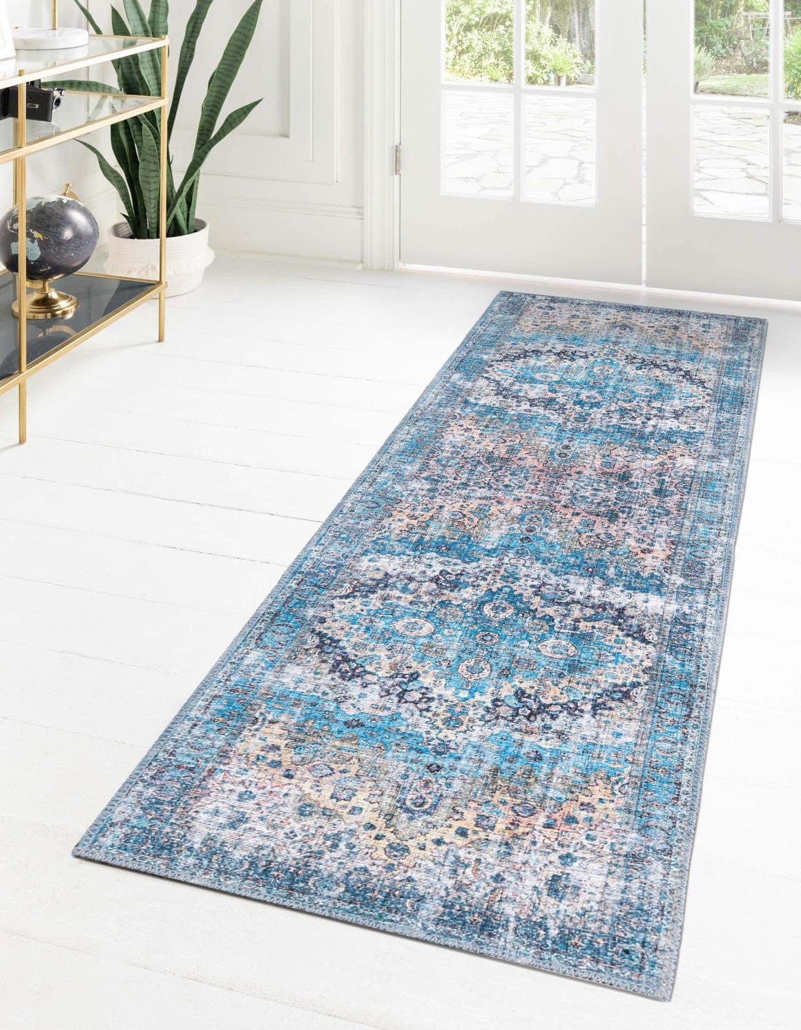 Mangata Medallion Blue Chenille 2'7" x 13'1" Runner Rug