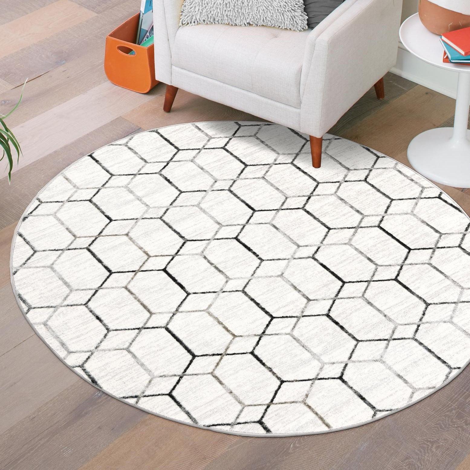 Unique Loom 3' 3 x 3' 3 Round White Matrix Trellis Tile Area Rug