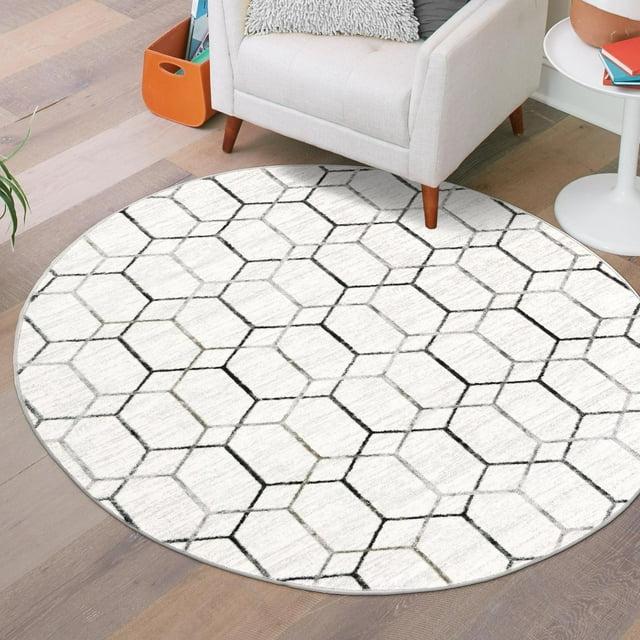 Unique Loom 3' 3 x 3' 3 Round White Matrix Trellis Tile Area Rug