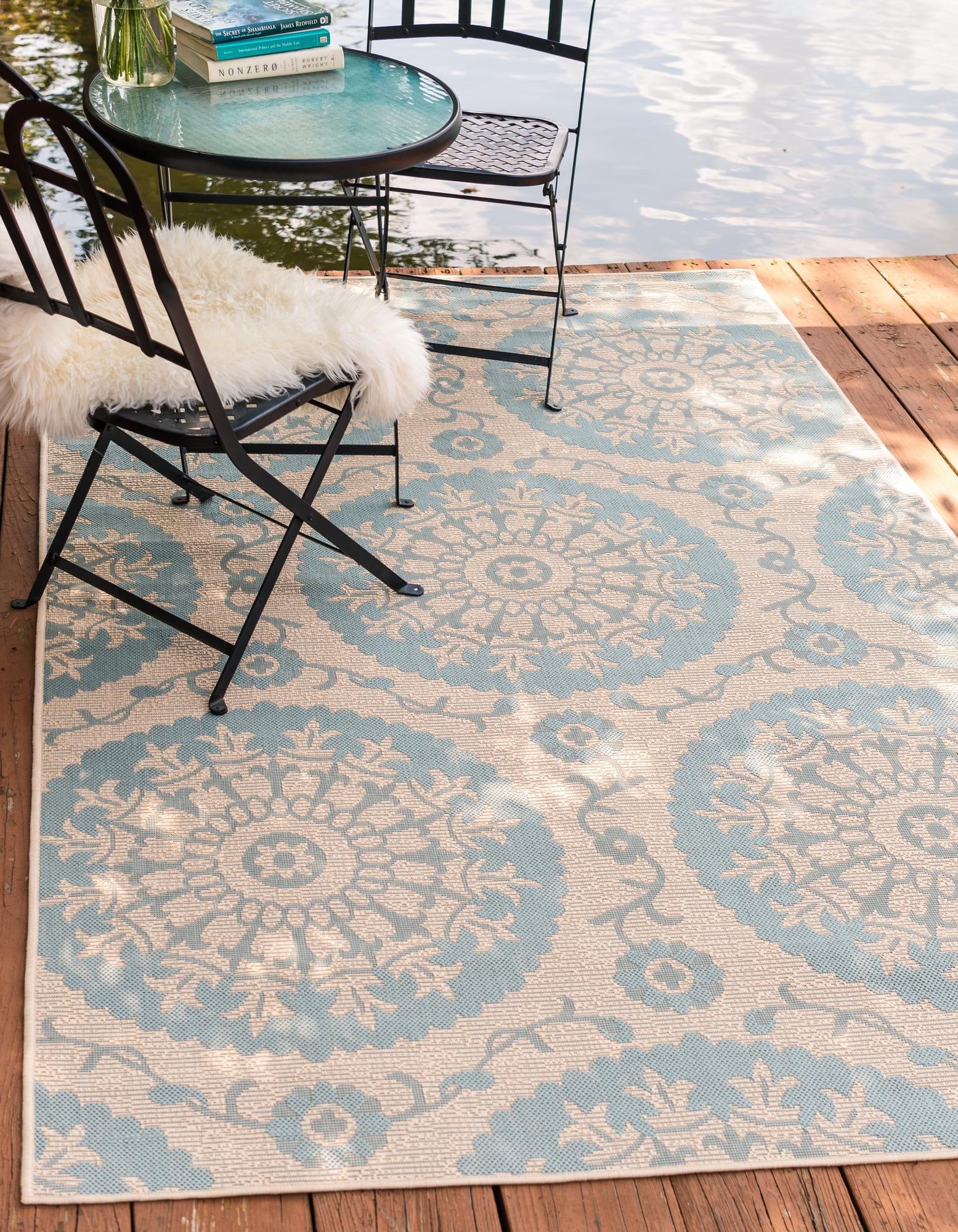 Elysian Light Blue & Beige Abstract Outdoor Rug - 7' x 10' Synthetic Rectangular