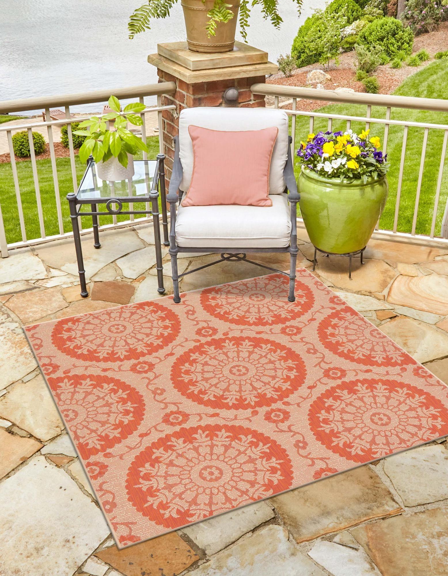 Unique Loom Outdoor Botanical Collection Area Rug - Medallion (6' 1" Square Terracotta/Beige)