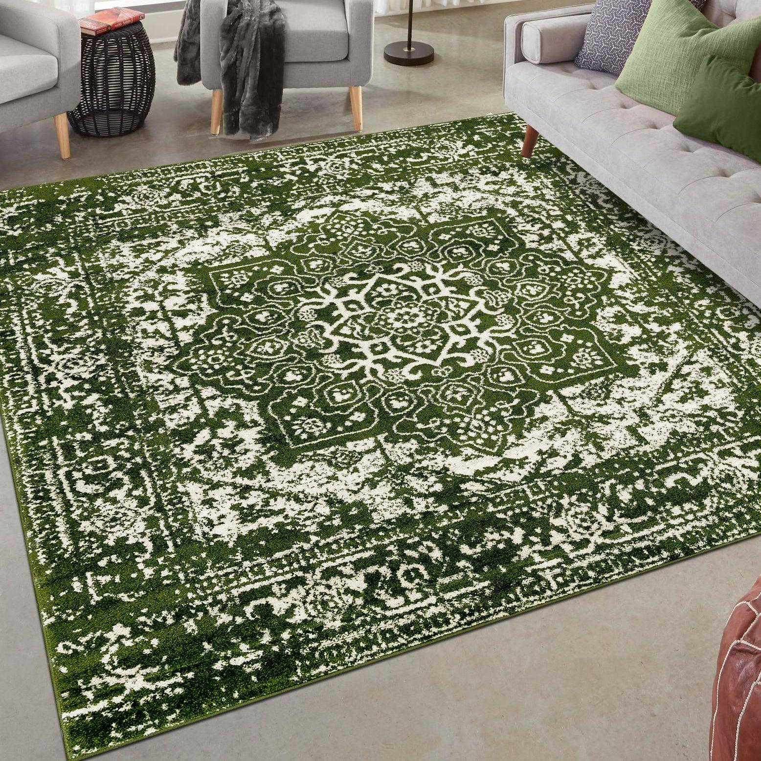 Green and Ivory Square Medallion Indoor Rug