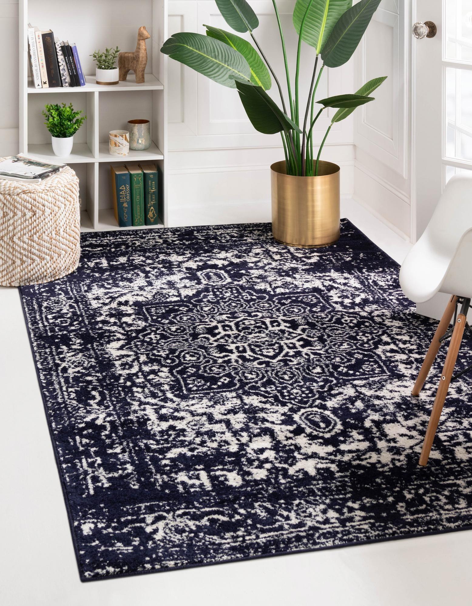 Navy Blue Medallion Synthetic Rectangular Area Rug