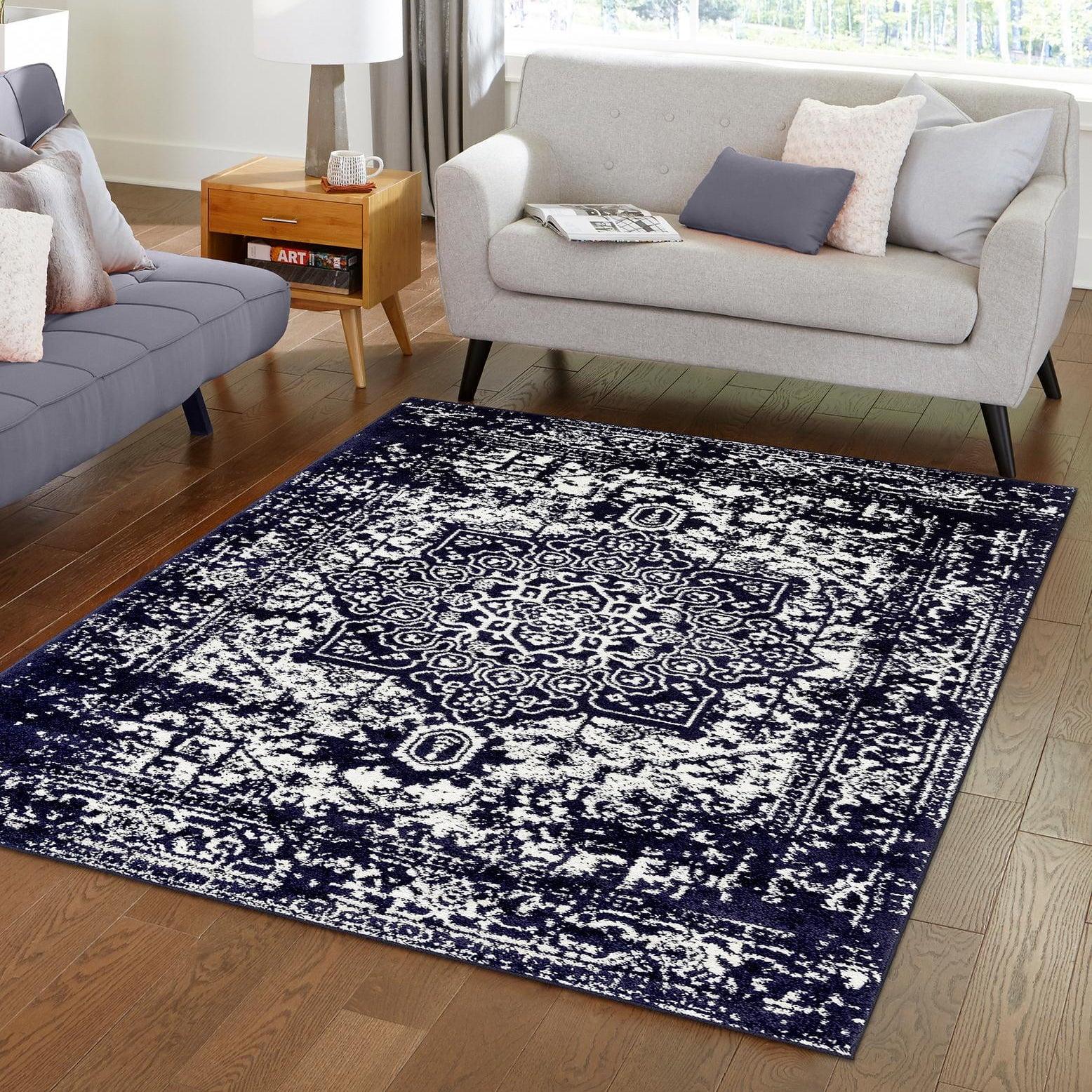 Navy Blue Medallion Synthetic Rectangular Area Rug