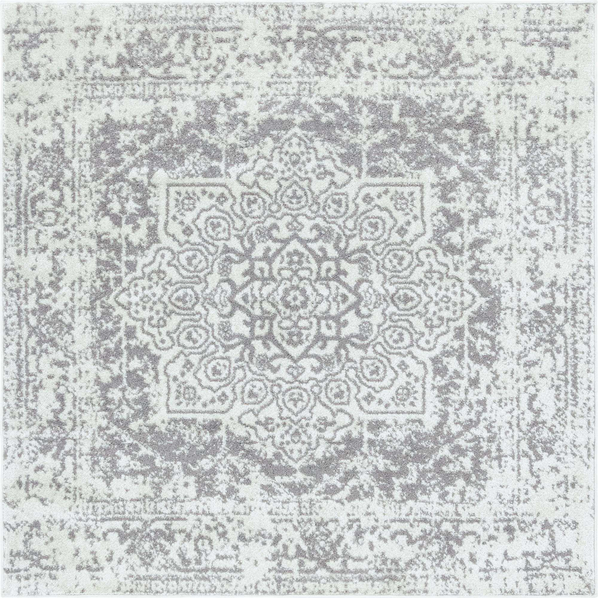 Elegant Square 5'3" White and Gray Synthetic Area Rug