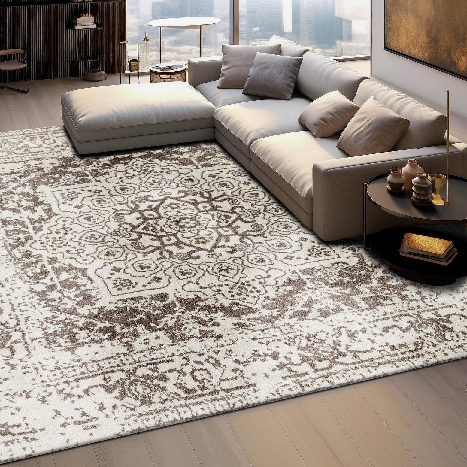 Elegant Square 5'3" White and Gray Synthetic Area Rug