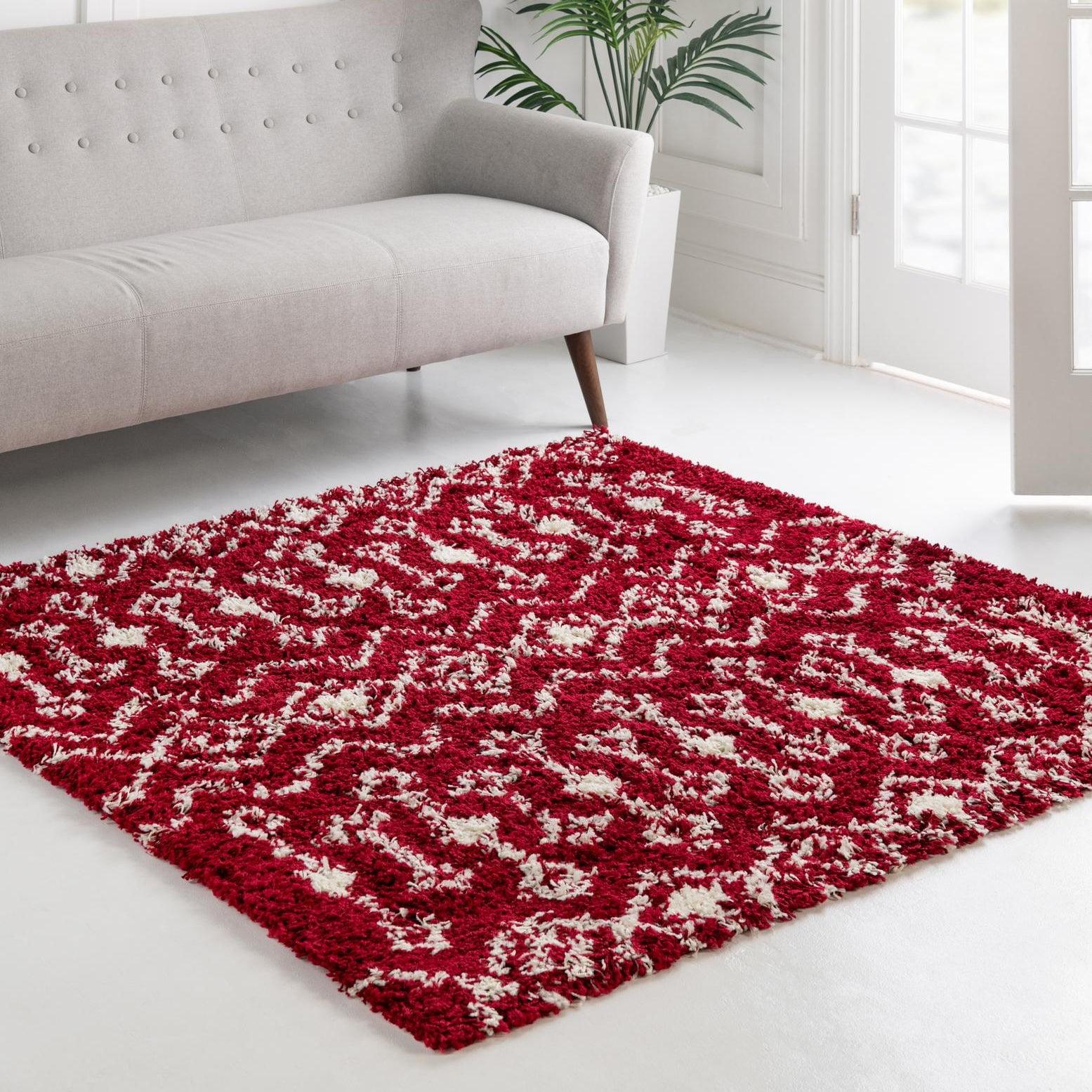 Red and Ivory Square Trellis Shag Area Rug