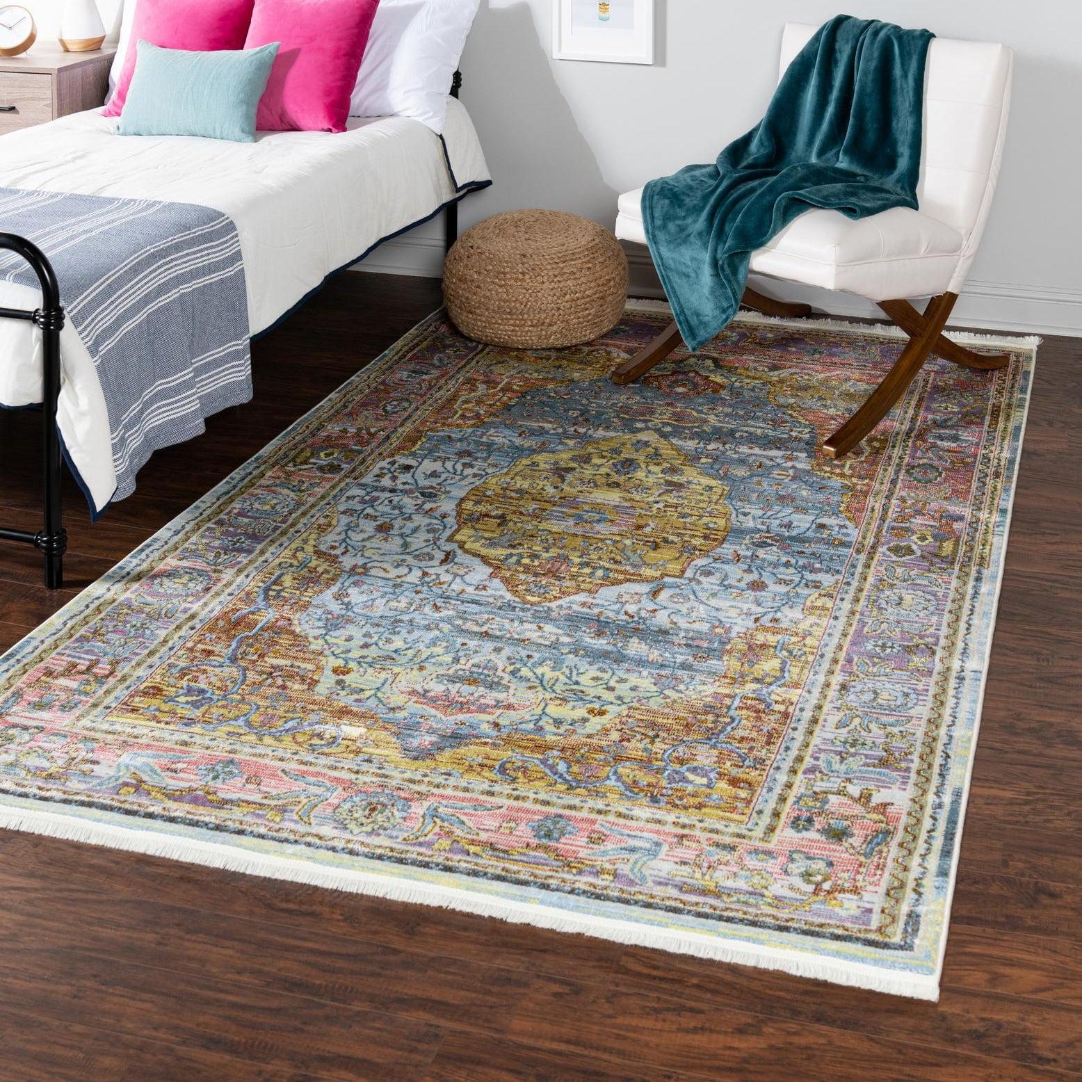 Light Blue and Multicolor Synthetic Reversible Rectangular Rug