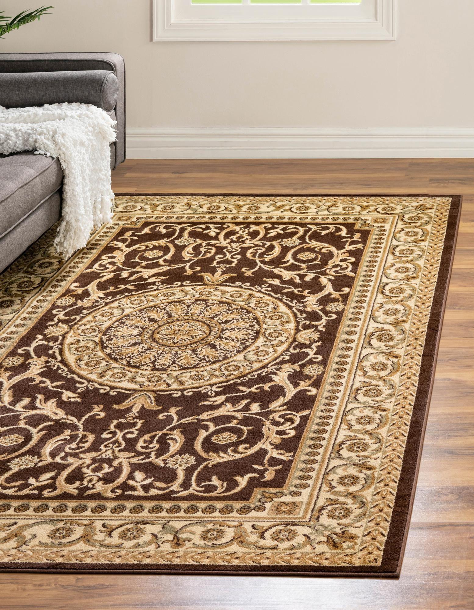 Brown and Cream Rectangular Synthetic Medallion Area Rug