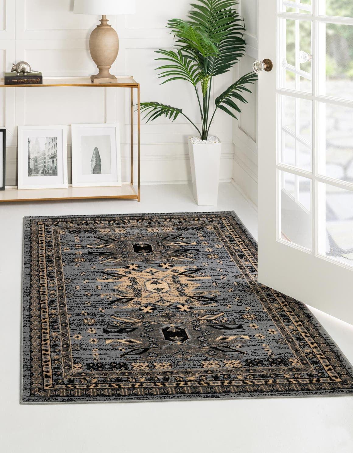 Gray and Black Rectangular Stain-Resistant Synthetic Rug, 4' x 6'