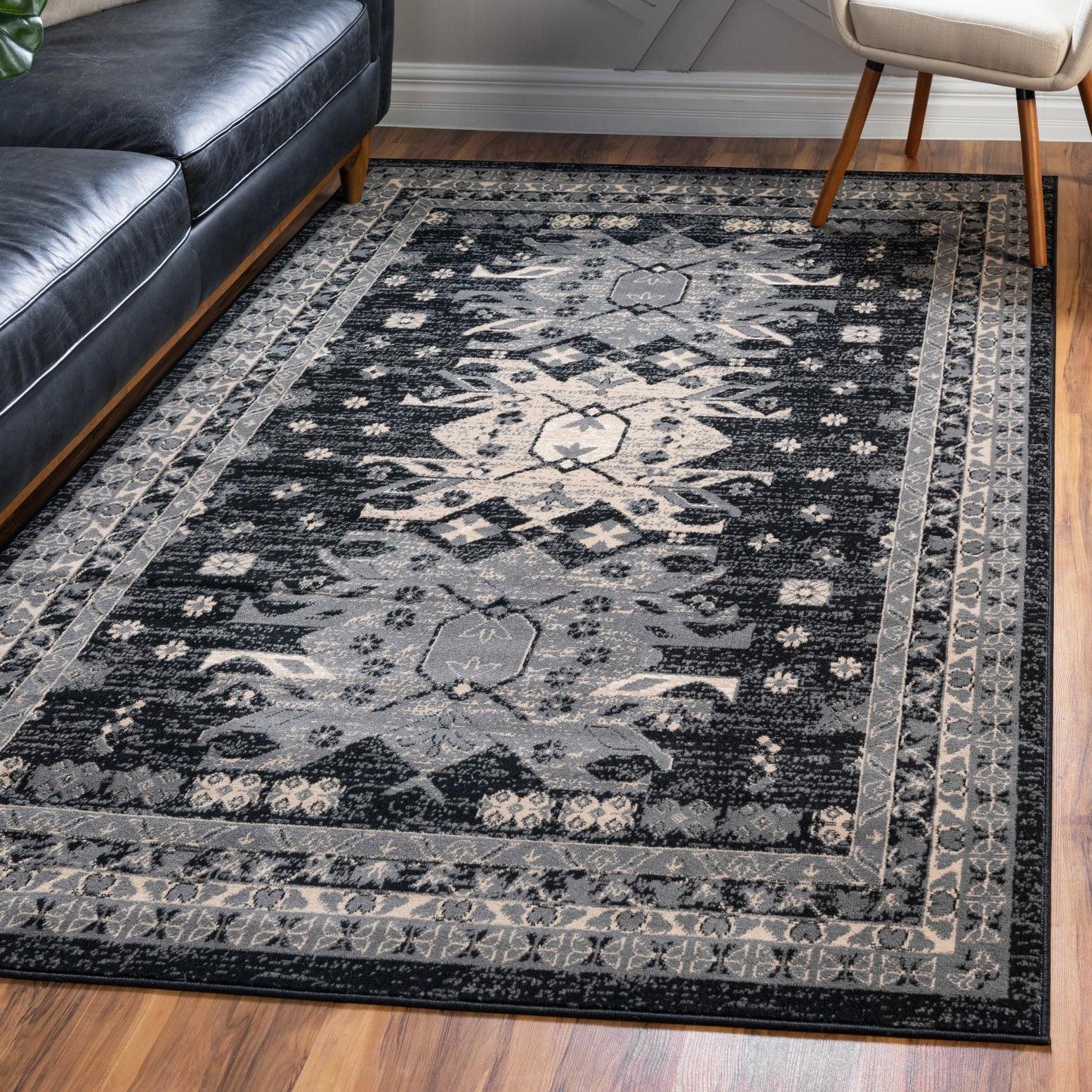 Black and Gray Rectangular Stain-Resistant Synthetic Area Rug