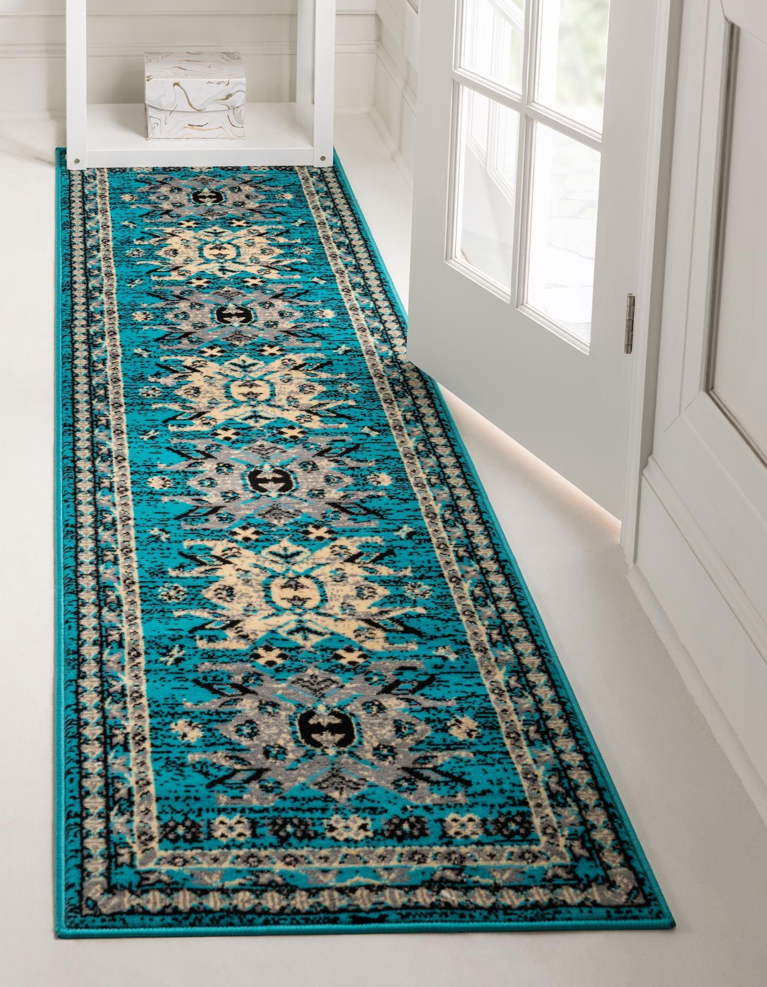 Turquoise and Black Synthetic Runner Rug with Tribal Design