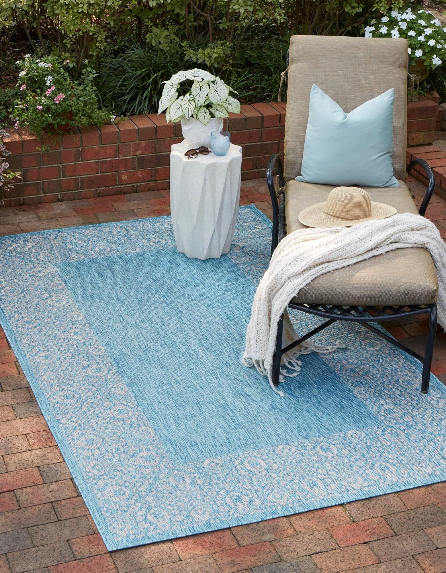 Unique Loom 7' 1 x 10' 0 Rectangle Indoor/Outdoor Border Aqua Area Rug
