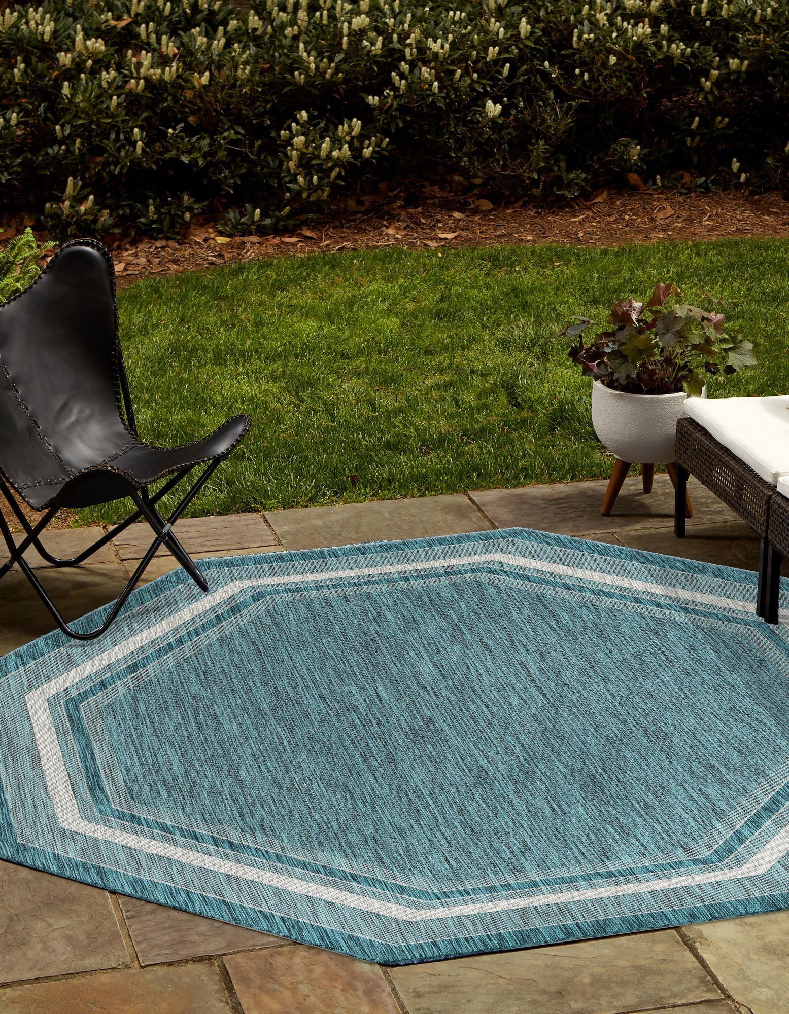 Unique Loom 8' 0 x 8' 0 Octagon Indoor/Outdoor Border Teal Area Rug