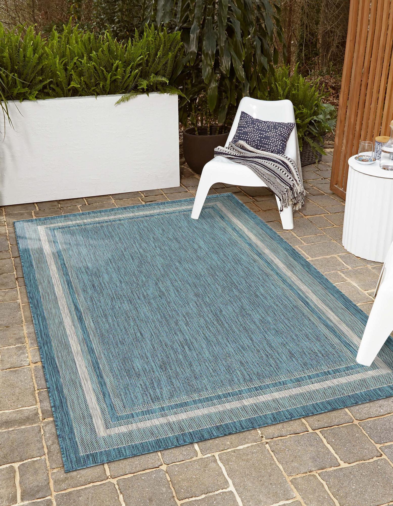 Unique Loom 9' 0 x 12' 2 Rectangle Indoor/Outdoor Border Teal Area Rug
