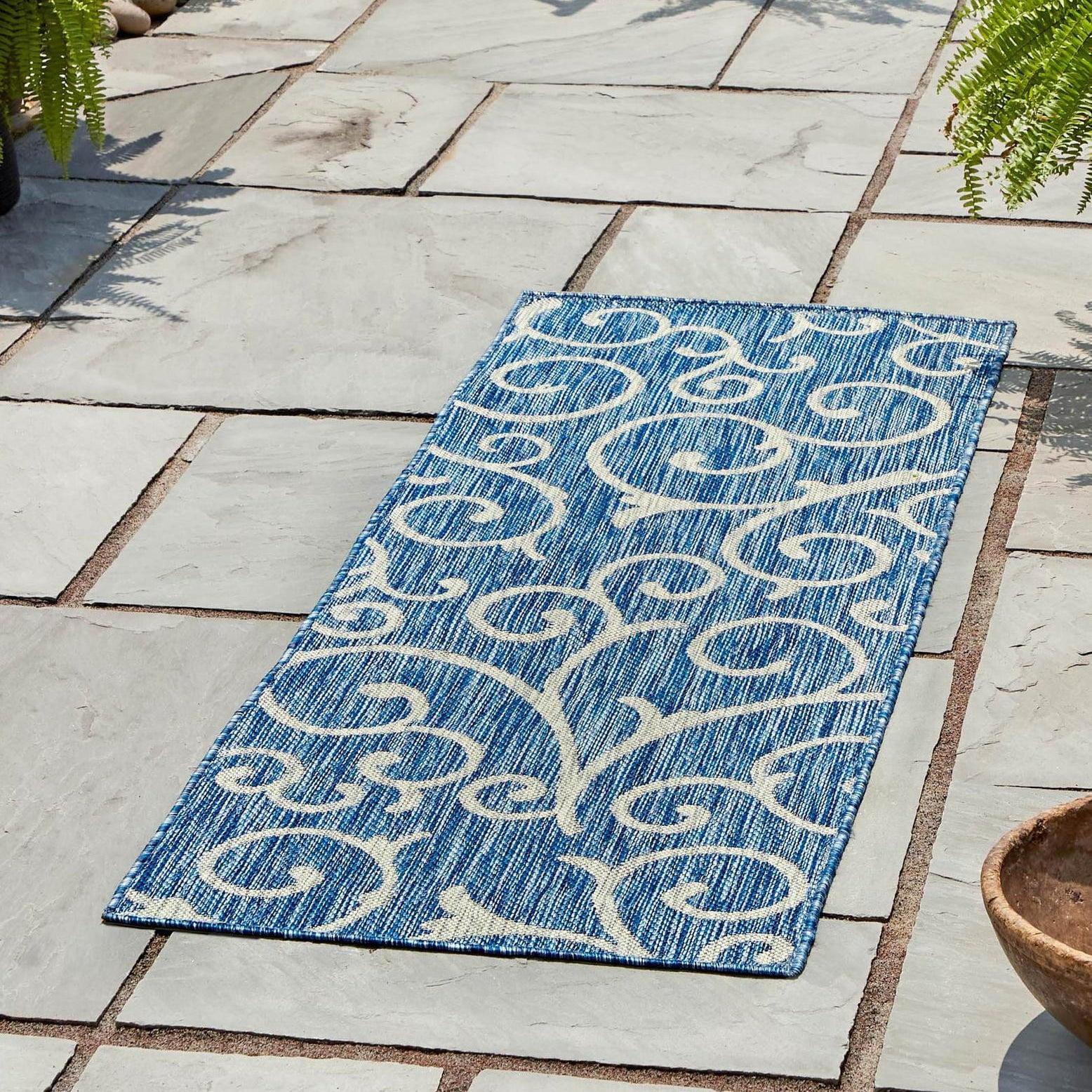 Unique Loom Outdoor Botanical Collection Area Rug - Curl (2' x 6' 1" Runner Blue/Ivory)
