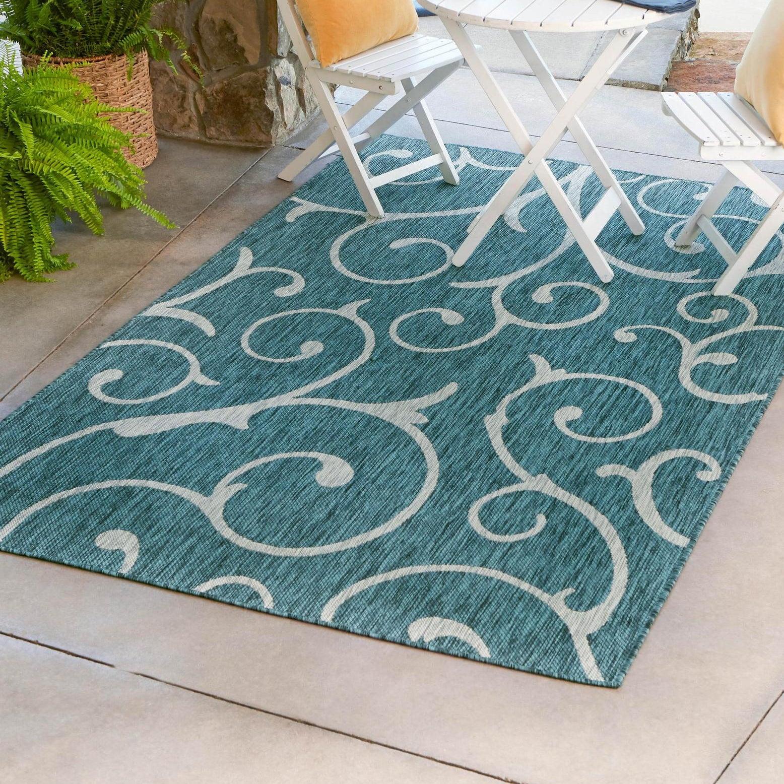 Unique Loom 6' 1 x 9' 0 Rectangle Indoor/Outdoor Botanical Teal Area Rug