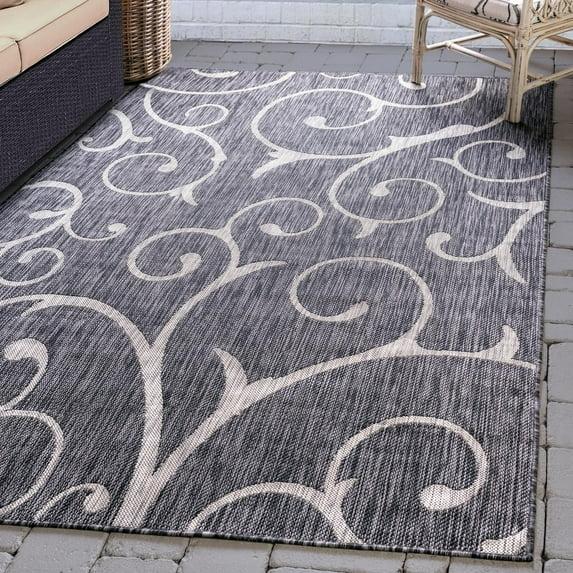 Unique Loom 7' 1 x 10' 0 Rectangle Indoor/Outdoor Botanical Charcoal Gray Area Rug