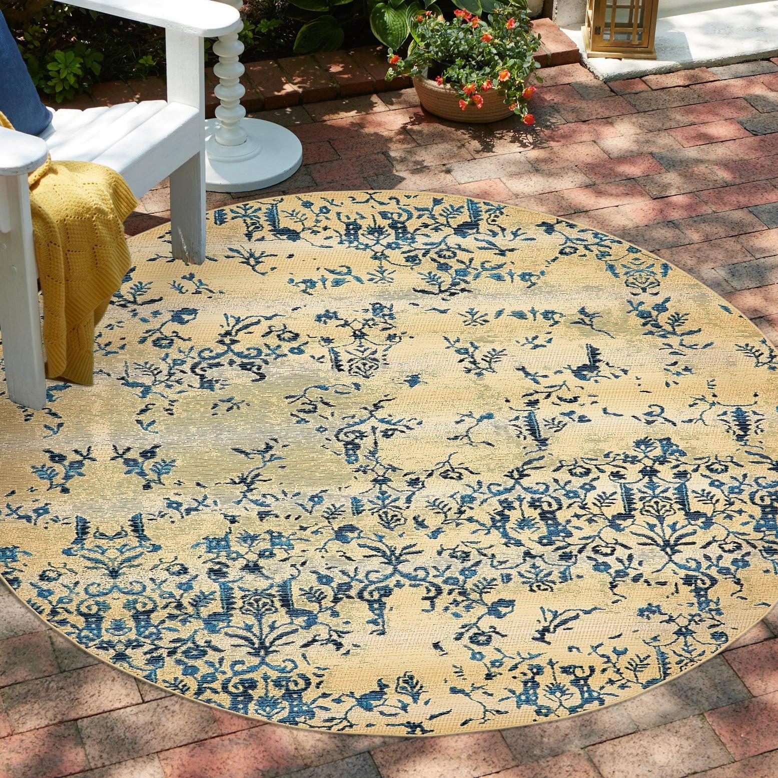 Unique Loom Outdoor Botanical Collection Area Rug - Ivy (8'  Round Beige/Blue)