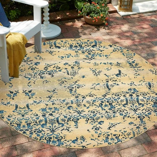 Unique Loom Outdoor Botanical Collection Area Rug - Ivy (8'  Round Beige/Blue)