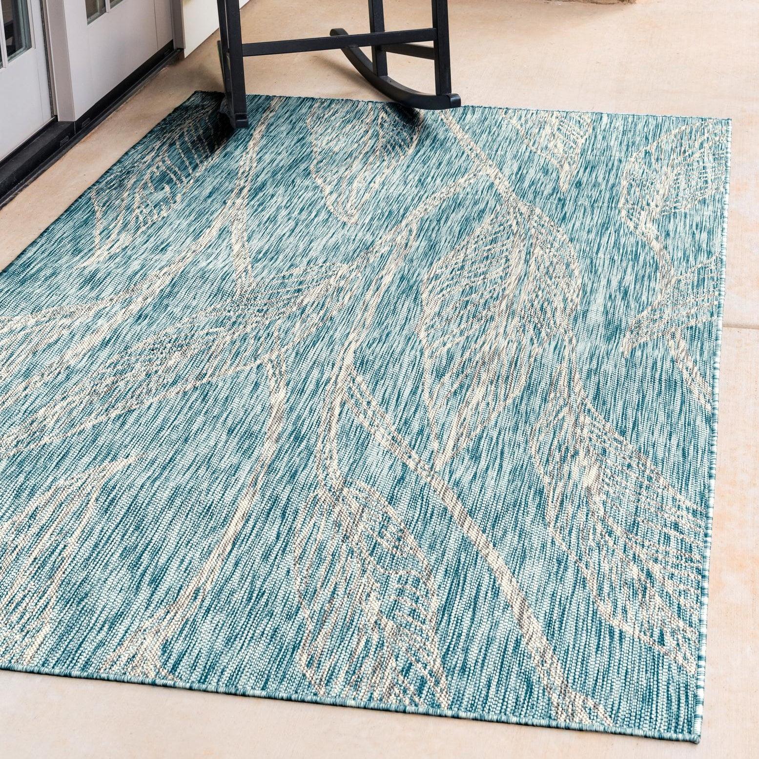 Unique Loom 7' 0 x 10' 0 Rectangle Indoor/Outdoor Botanical Light Aqua Area Rug