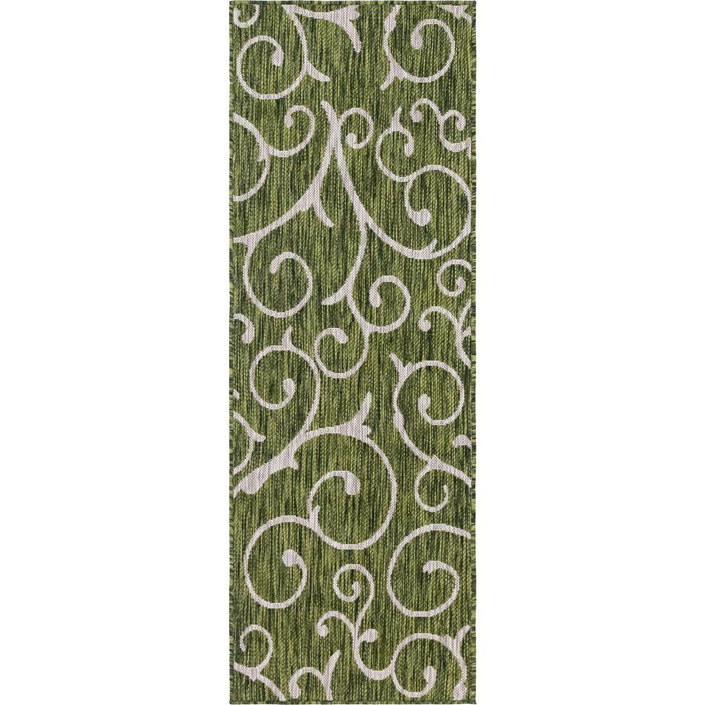 Green and Ivory Abstract Outdoor Runner Rug