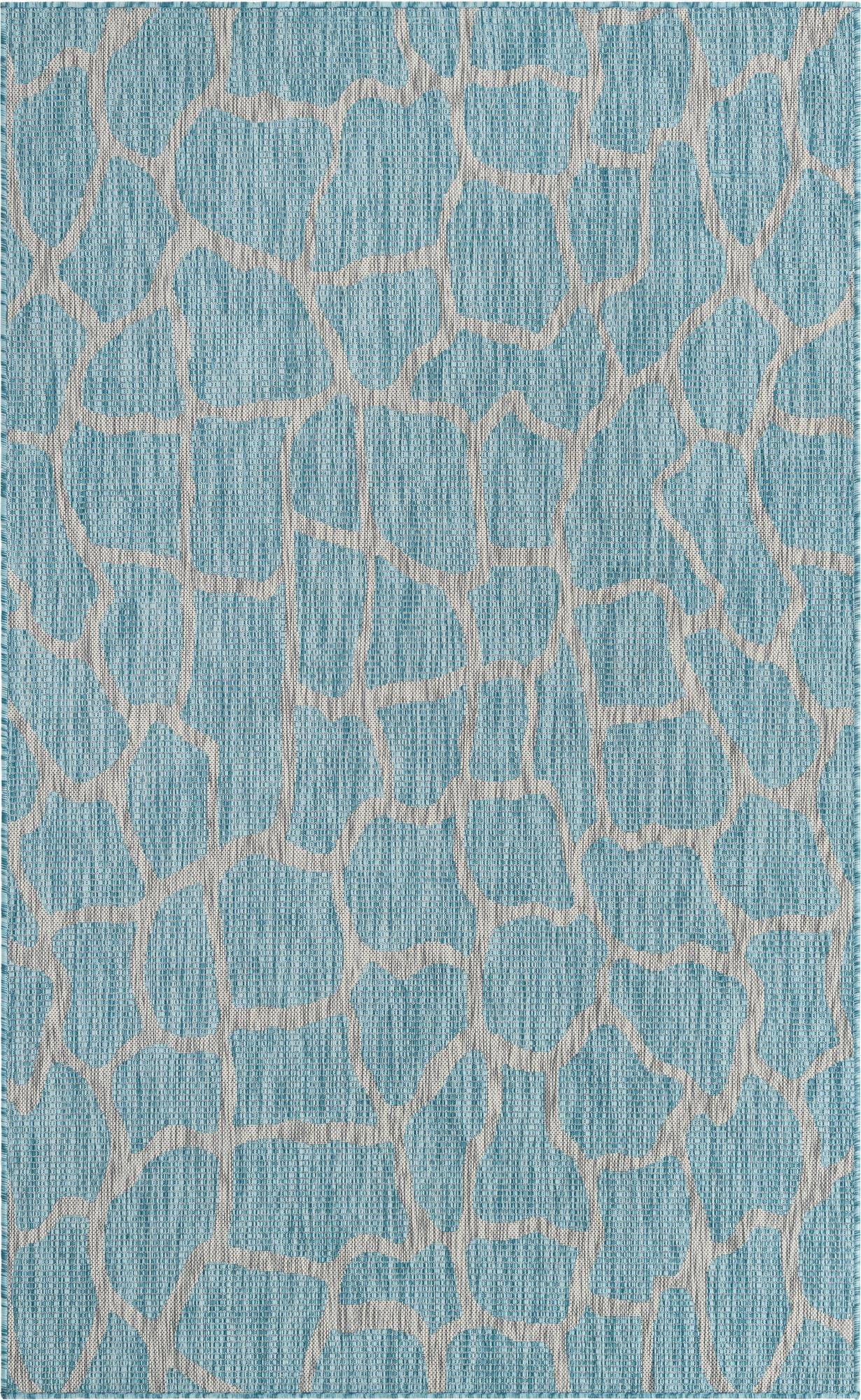 Aqua Blue Abstract Low Pile Indoor/Outdoor Area Rug