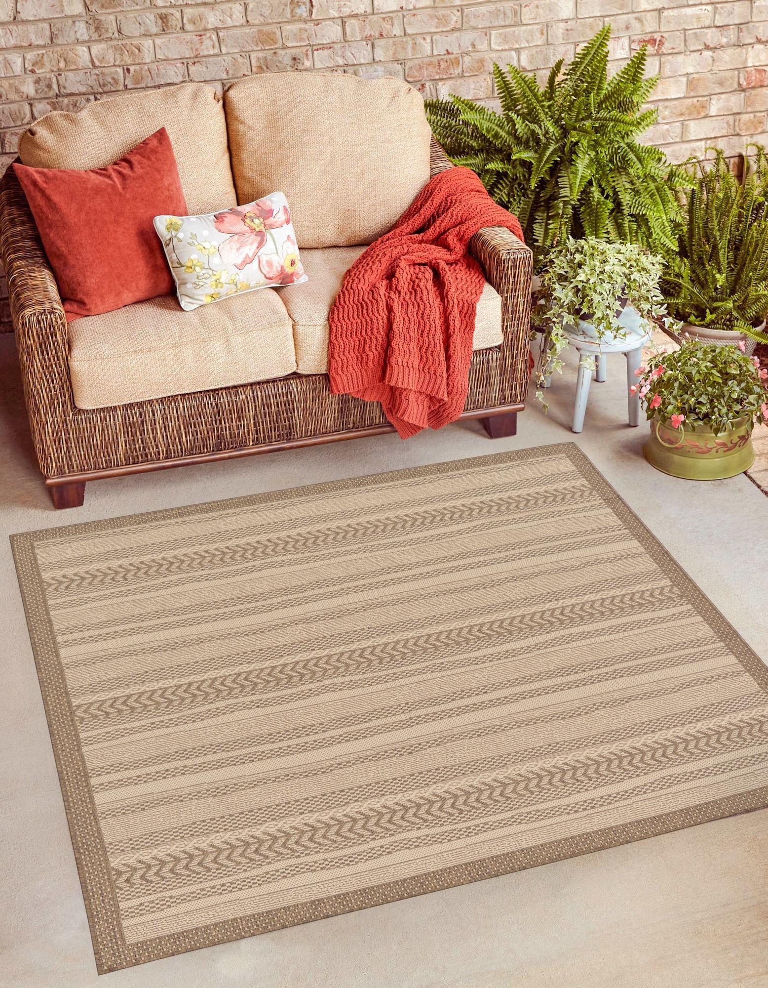 Unique Loom Outdoor Border Collection Area Rug - Lines (6' 1" Square Beige/Brown)