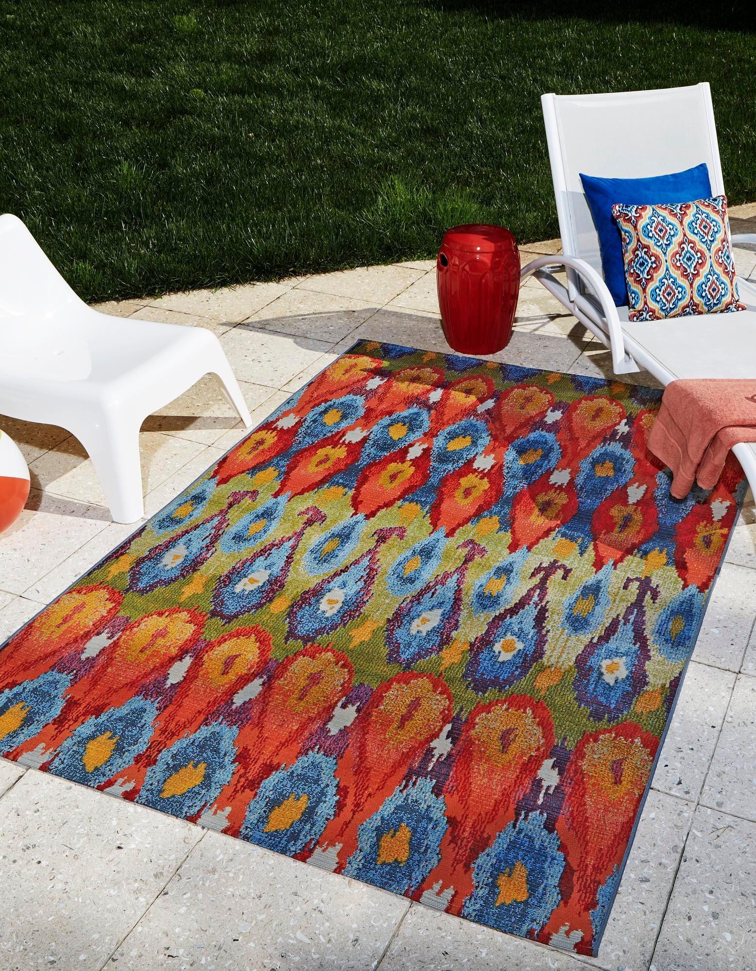 Unique Loom Outdoor Modern Collection Area Rug - Ikat (4' 1" x 6' 1" Rectangle Multi/Burgundy)