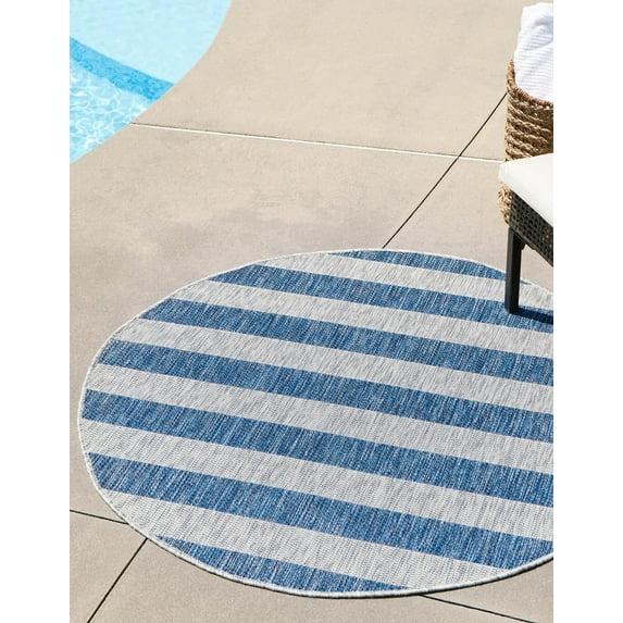 Unique Loom 4' 1 x 4' 1 Round Indoor/Outdoor Striped Blue Area Rug