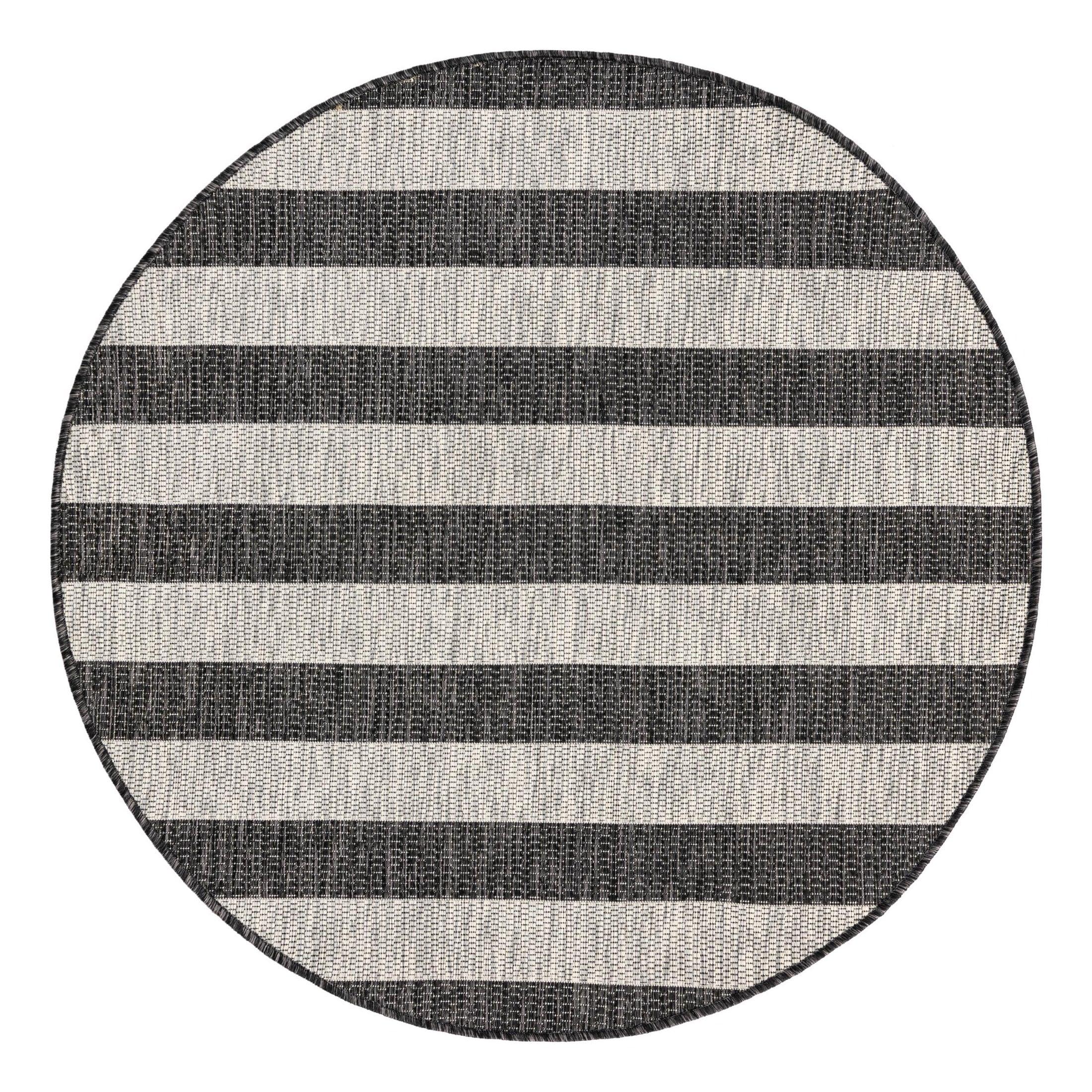 Unique Loom 4' 1 x 4' 1 Round Indoor/Outdoor Striped Charcoal Gray Area Rug