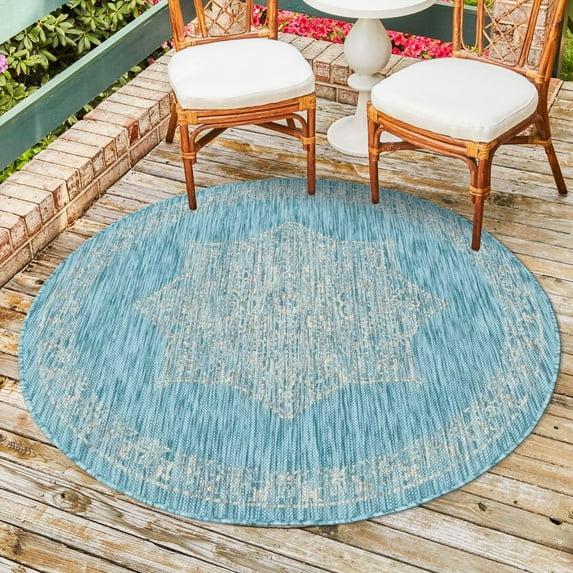 Unique Loom 4' 1 x 4' 1 Round Indoor/Outdoor Traditional Light Aqua Area Rug