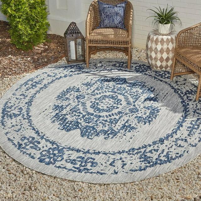 Unique Loom 4' 1 x 4' 1 Round Indoor/Outdoor Traditional Blue Area Rug