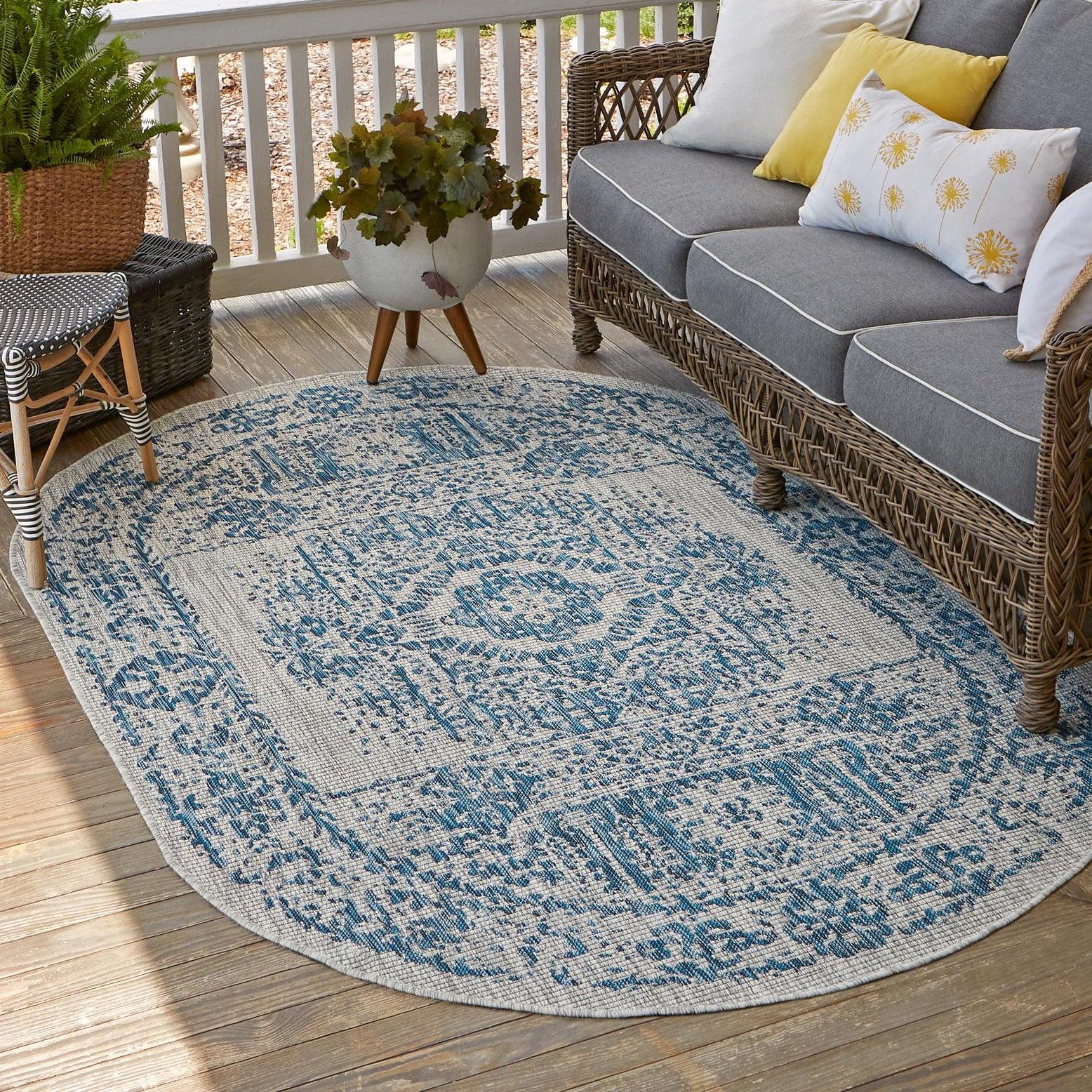 Unique Loom 5' 3 x 8' 0 Oval Indoor/Outdoor Traditional Blue Area Rug