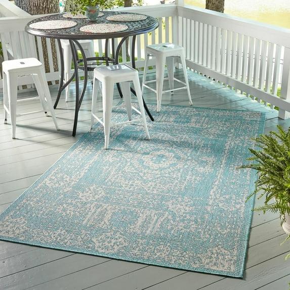 Unique Loom Outdoor Traditional Collection Area Rug - Timeworn (7' 10" x 11' Rectangle Light Aqua/Gray)