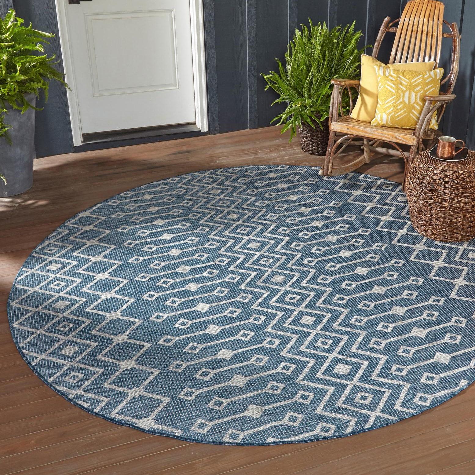 Unique Loom 10' 0 x 10' 0 Round Indoor/Outdoor Trellis Blue Area Rug