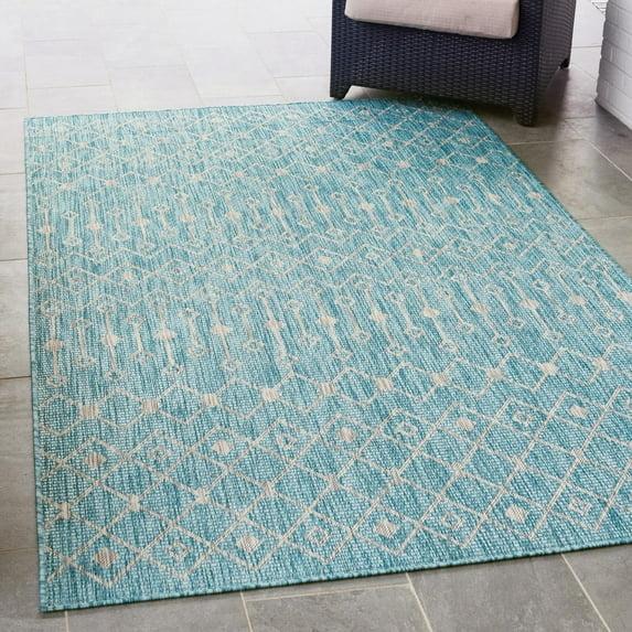 Unique Loom Outdoor Trellis Collection Area Rug - Tribal Trellis (7' 1" x 10' Rectangle Aqua/Ivory)
