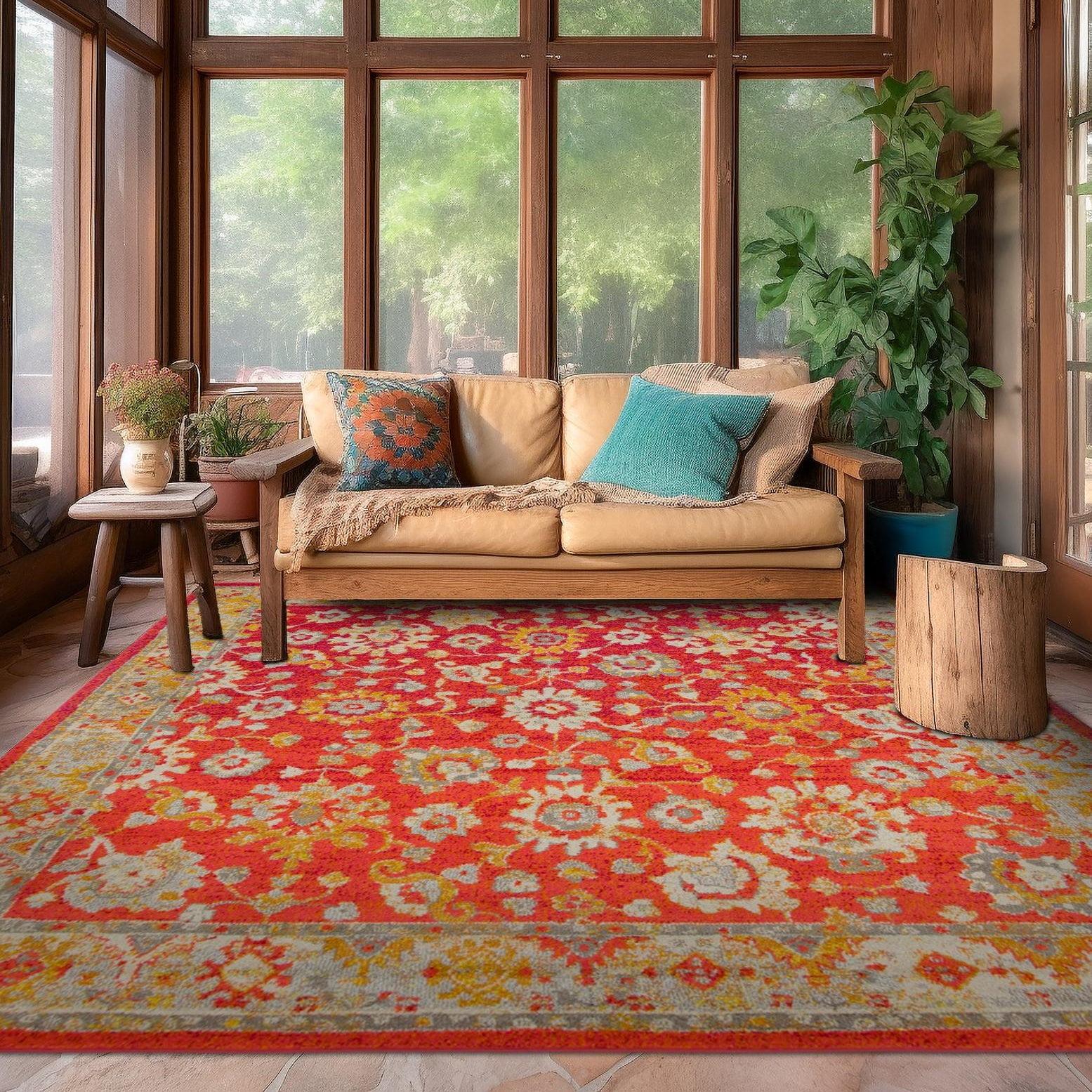 Kalf Floral Rust Red Area Rug