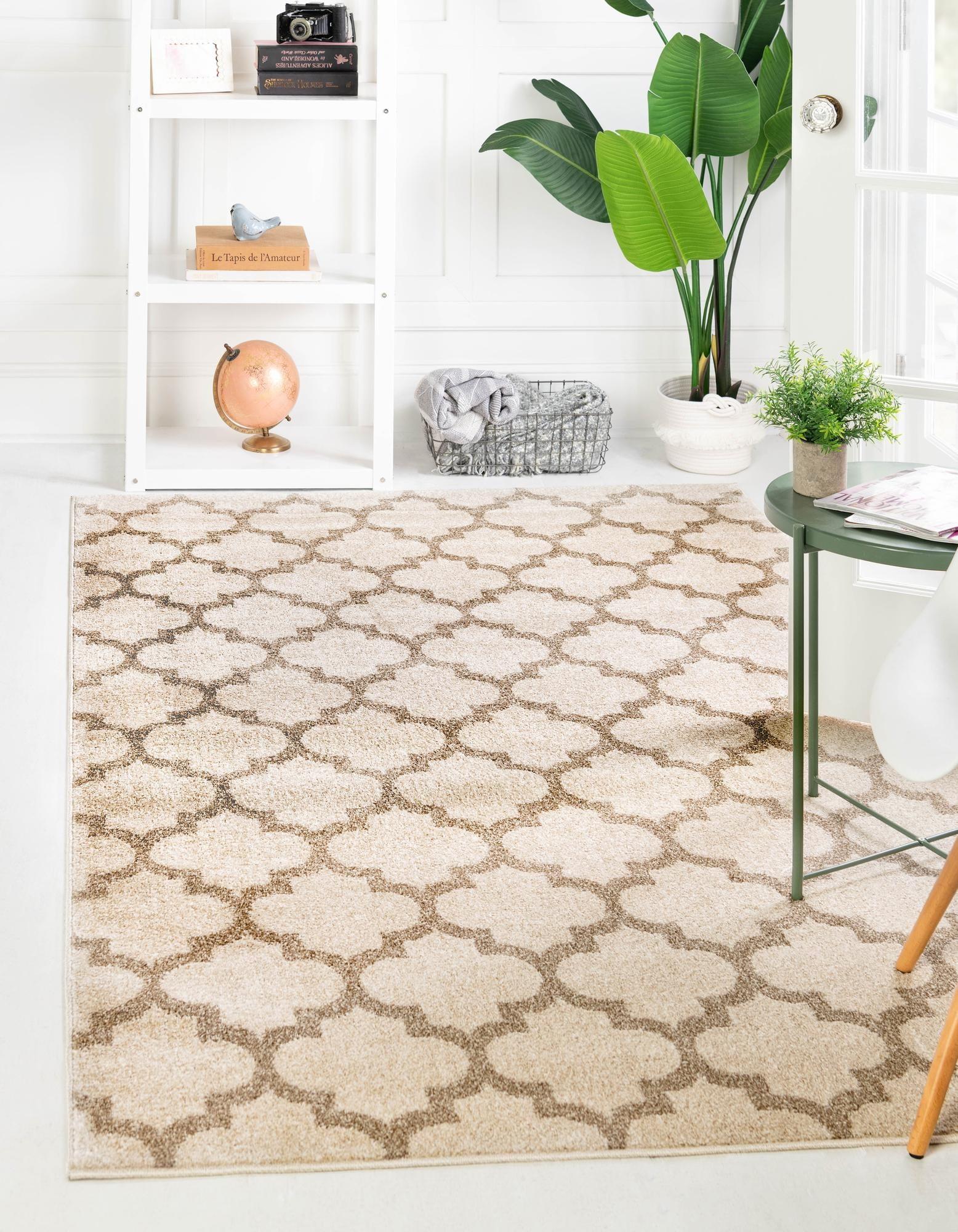 Beige and Light Brown Trellis Synthetic Area Rug