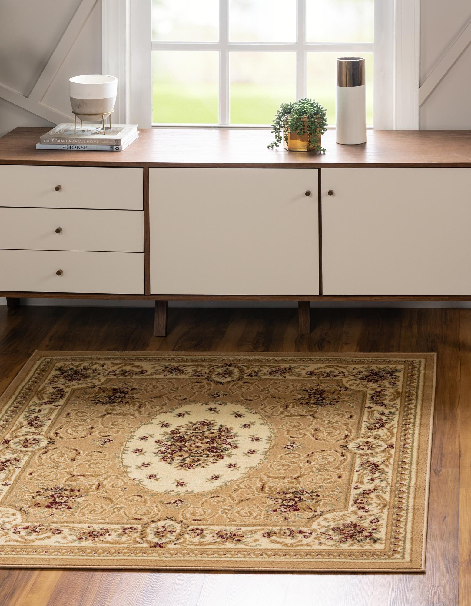 Tan and Cream Floral Square Stain-Resistant Rug